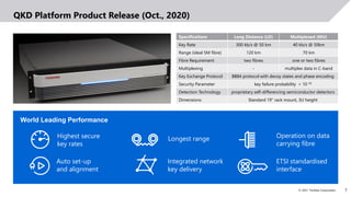 7
© 2021 Toshiba Corporation
QKD Platform Product Release (Oct., 2020)
Specifications Long Distance (LD) Multiplexed (MU)
Key Rate 300 kb/s @ 50 km 40 kb/s @ 50km
Range (ideal SM fibre) 120 km 70 km
Fibre Requirement two fibres one or two fibres
Multiplexing - multiplex data in C-band
Key Exchange Protocol BB84 protocol with decoy states and phase encoding
Security Parameter key failure probability < 10-10
Detection Technology proprietary self-differencing semiconductor detectors
Dimensions Standard 19’’ rack mount, 3U height
World Leading Performance
Highest secure
key rates
Longest range Operation on data
carrying fibre
Auto set-up
and alignment
Integrated network
key delivery
ETSI standardised
interface
 
