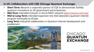 11
© 2021 Toshiba Corporation
• Short Term: Become a corporate sponsor of CQE to demonstrate Toshiba
quantum innovations to US government and enterprises.
• Mid Term: Intended inclusion in the Q-NEXT network https://www.q-next.org/
• Mid to Long Term: Intended expansion into DoE laboratory quantum internet
program eventually to all labs.
• Long Term: Industrial collaboration in Quantum Internet development and
enablement
In US: Collaboration with CQE (Chicago Quantum Exchange)
 