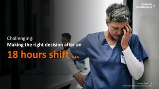 6
Frei verwendbar © Siemens Healthineers, 2021
Christoph Zindel
Unrestricted © Siemens Healthineers, 2021
6
Challenging:
Making the right decision after an
18 hours shift …
 