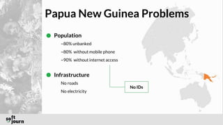 Papua New Guinea Problems
Population
~80% unbanked
~80% without mobile phone
~90% without internet access
Infrastructure
No roads
No electricity
No IDs
 