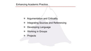 Enhancing Academic Practice
Argumentation and Criticality
Integrating Sources and Referencing
Developing Language
Working in Groups
Projects
 