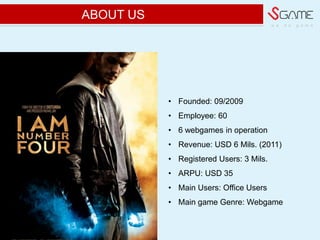 w e d o g a m e
? Founded: 09/2009
? Employee: 60
? 6 webgames in operation
? Revenue: USD 6 Mils. (2011)
? Registered Users: 3 Mils.
? ARPU: USD 35
? Main Users: Office Users
? Main game Genre: Webgame
ABOUT US
 