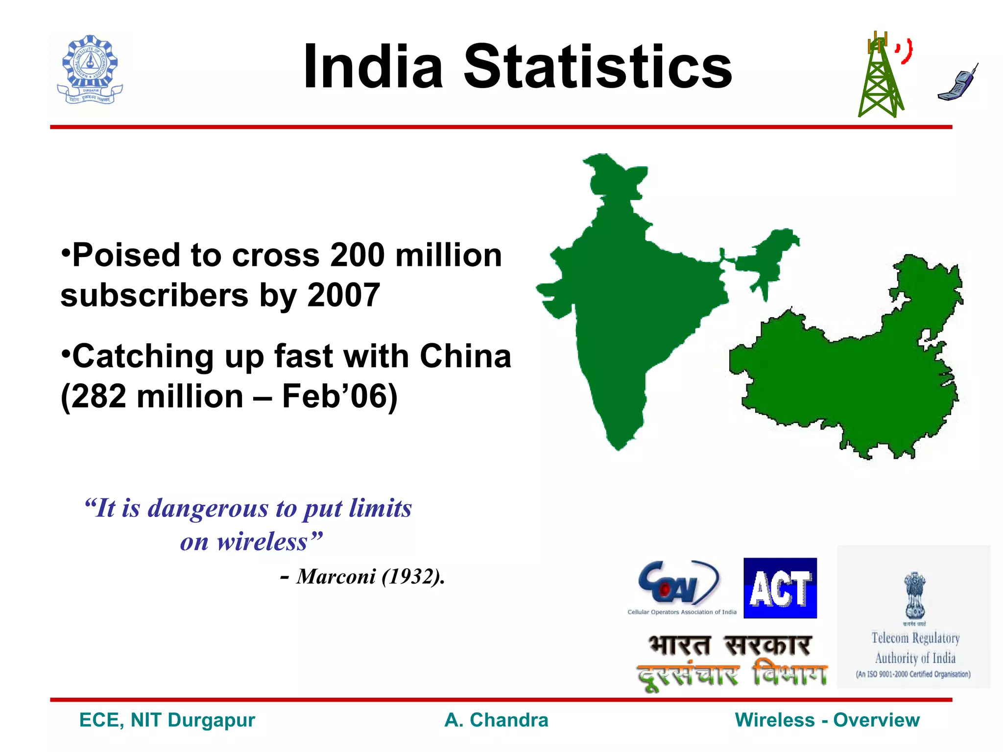 India Statistics

•Poised to cross 200 million
subscribers by 2007
•Catching up fast with China
(282 million – Feb’06)


 “It is dangerous to put limits
          on wireless”
                   - Marconi (1932).




 ECE, NIT Durgapur                 A. Chandra   Wireless - Overview
 