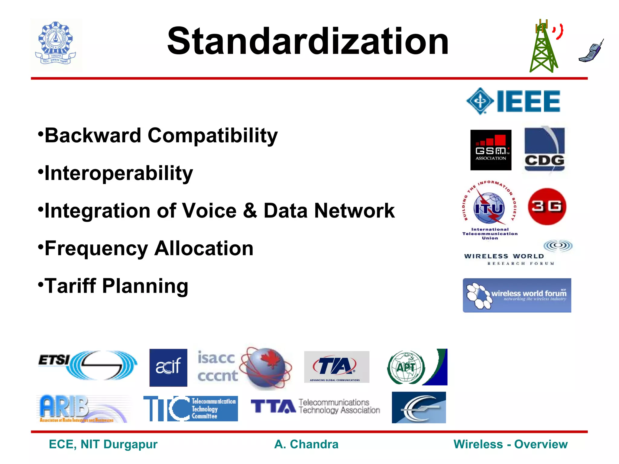 Standardization

•Backward Compatibility
•Interoperability
•Integration of Voice & Data Network
•Frequency Allocation
•Tariff Planning




 ECE, NIT Durgapur        A. Chandra   Wireless - Overview
 