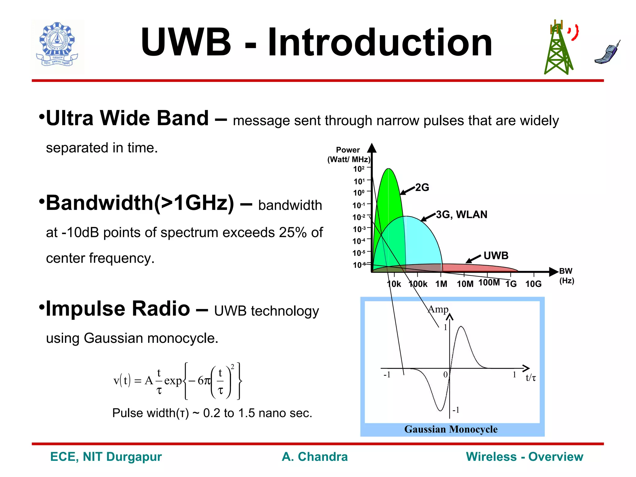 UWB - Introduction
•Ultra Wide Band – message sent through narrow pulses that are widely
 separated in time.                                  Power
                                                   (Watt/ MHz)
                                                          102
                                                         101
                                                         100
                                                                        2G
•Bandwidth(>1GHz) – bandwidth                            10-1
                                                                             3G, WLAN
                                                         10-2

 at -10dB points of spectrum exceeds 25% of              10-3
                                                         10-4
                                                         10-5                            UWB
 center frequency.                                       10-6
                                                                                                         BW
                                                                 10k 100k 1M       10M 100M 1G 10G       (Hz)


•Impulse Radio – UWB technology                                           Amp
                                                                              1
 using Gaussian monocycle.

                     t   
                             t 
                                 2
                                   
           v( t ) = A exp− 6π  
                                                                 -1           0                1   t/τ
                     τ   
                             τ 
                                                                                  -1
           Pulse width(τ) ~ 0.2 to 1.5 nano sec.
                                                                      Gaussian Monocycle

 ECE, NIT Durgapur                        A. Chandra                                   Wireless - Overview
 