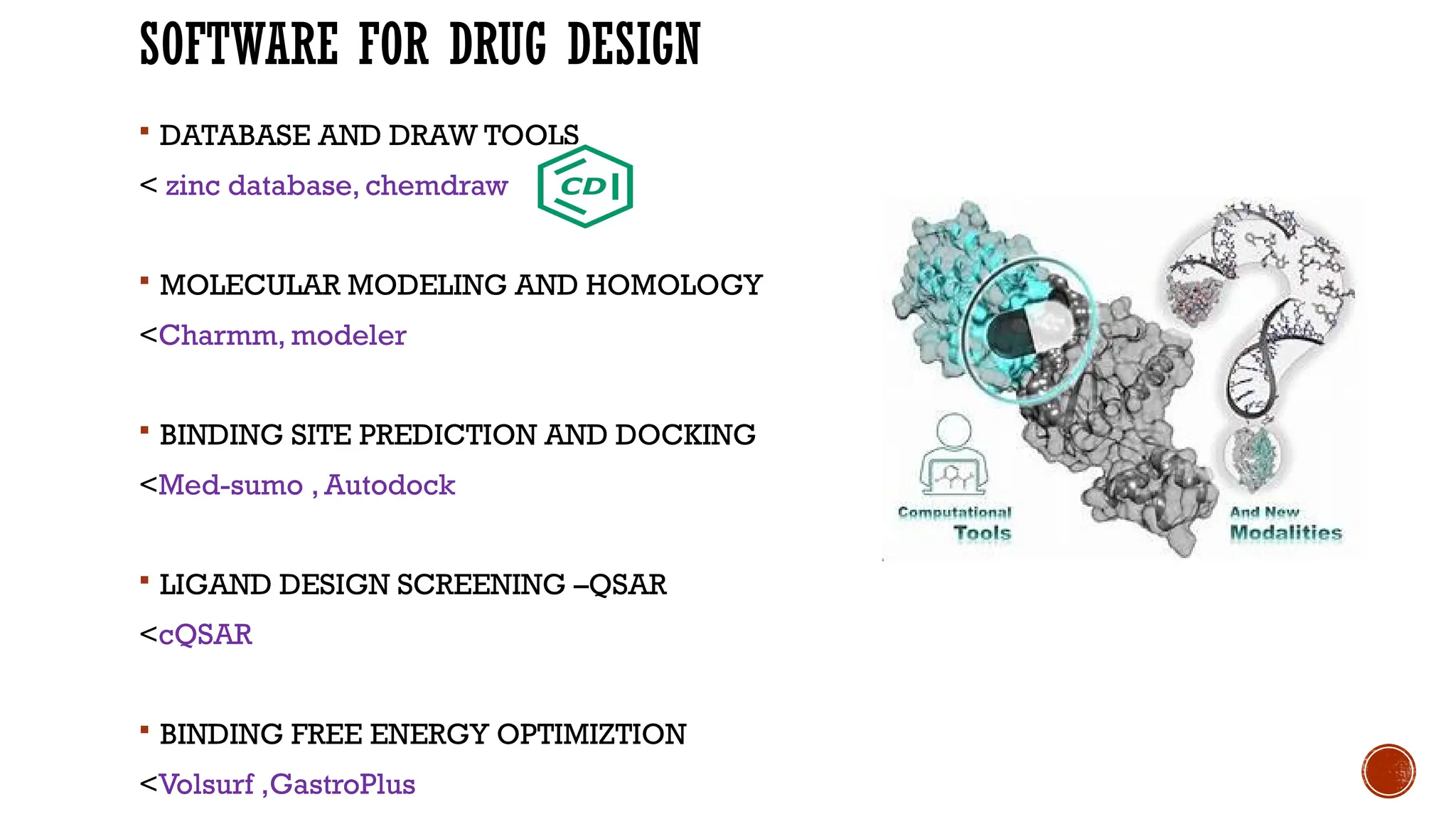 SOFTWARE FOR DRUG DESIGN
 DATABASE AND DRAW TOOLS
< zinc database, chemdraw
 MOLECULAR MODELING AND HOMOLOGY
<Charmm, modeler
 BINDING SITE PREDICTION AND DOCKING
<Med-sumo , Autodock
 LIGAND DESIGN SCREENING –QSAR
<cQSAR
 BINDING FREE ENERGY OPTIMIZTION
<Volsurf ,GastroPlus
 