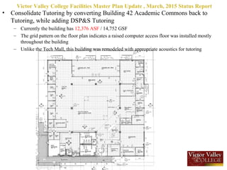 • Consolidate Tutoring by converting Building 42 Academic Commons back to
Tutoring, while adding DSP&S Tutoring
– Currently the building has 12,376 ASF / 14,752 GSF
– The grid pattern on the floor plan indicates a raised computer access floor was installed mostly
throughout the building
– Unlike the Tech Mall, this building was remodeled with appropriate acoustics for tutoring
Victor Valley College Facilities Master Plan Update , March, 2015 Status Report
 