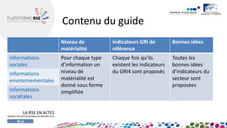 Contenu du guide 
Niveau de matérialité 
Indicateurs GRI de référence 
Bonnes idées 
Informations sociales 
Pour chaque typed’information un niveau de matérialité est donné sous forme simplifiée 
Chaque fois qu’ils existent les indicateurs du GRI4 sont proposés 
Toutes les bonnes idées d’indicateurs du secteur sont proposées 
Informations environnementales 
Informations sociétales  