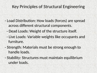 Key Principles of Structural Engineering
- Load Distribution: How loads (forces) are spread
across different structural components.
- Dead Loads: Weight of the structure itself.
- Live Loads: Variable weights like occupants and
furniture.
- Strength: Materials must be strong enough to
handle loads.
- Stability: Structures must maintain equilibrium
under loads.
 
