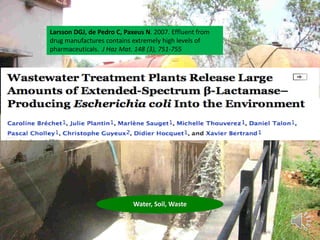 Larsson DGJ, de Pedro C, Paxeus N. 2007. Effluent from
drug manufactures contains extremely high levels of
pharmaceuticals. J Haz Mat. 148 (3), 751-755
Water, Soil, Waste
 