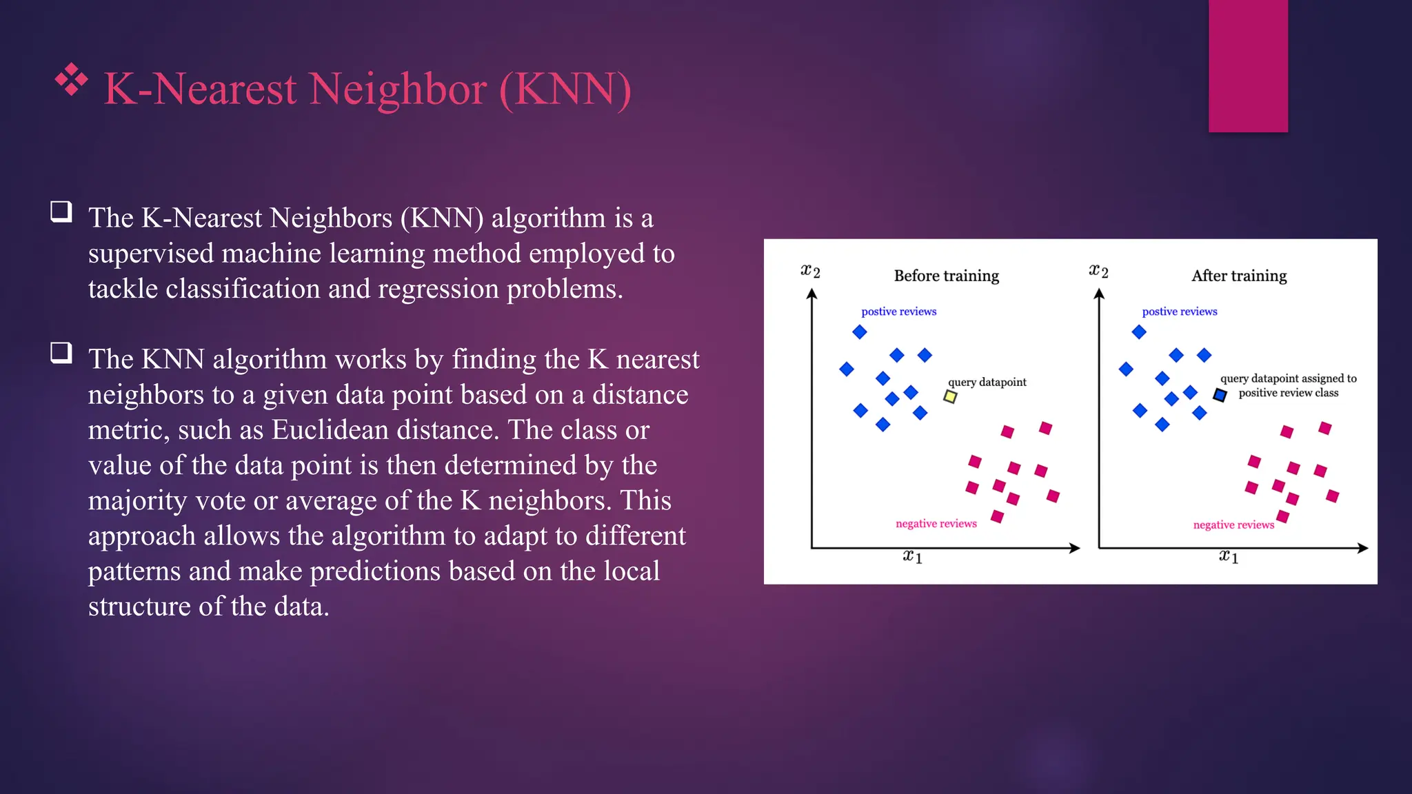  K-Nearest Neighbor (KNN)
 The K-Nearest Neighbors (KNN) algorithm is a
supervised machine learning method employed to
tackle classification and regression problems.
 The KNN algorithm works by finding the K nearest
neighbors to a given data point based on a distance
metric, such as Euclidean distance. The class or
value of the data point is then determined by the
majority vote or average of the K neighbors. This
approach allows the algorithm to adapt to different
patterns and make predictions based on the local
structure of the data.
 