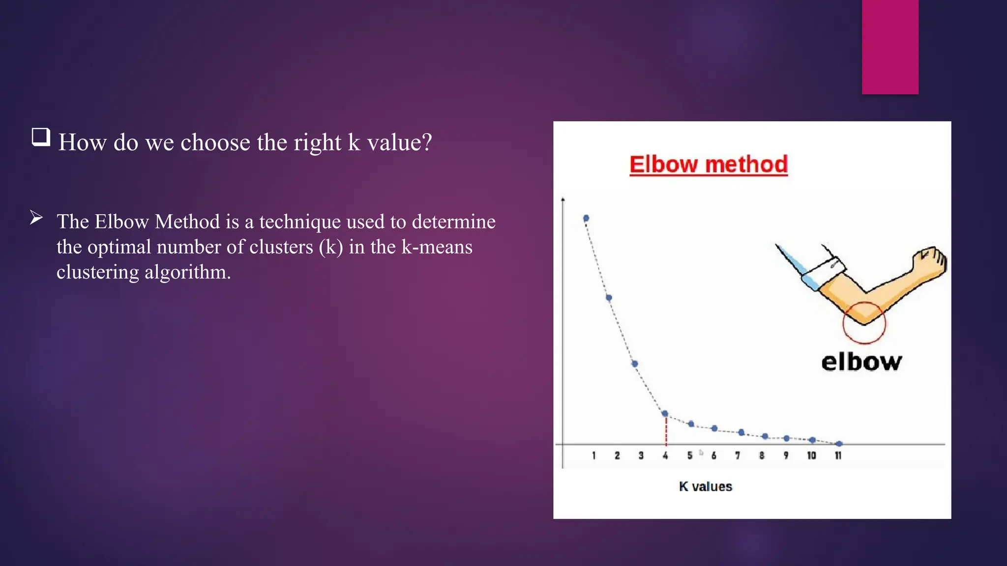  How do we choose the right k value?
 The Elbow Method is a technique used to determine
the optimal number of clusters (k) in the k-means
clustering algorithm.
 