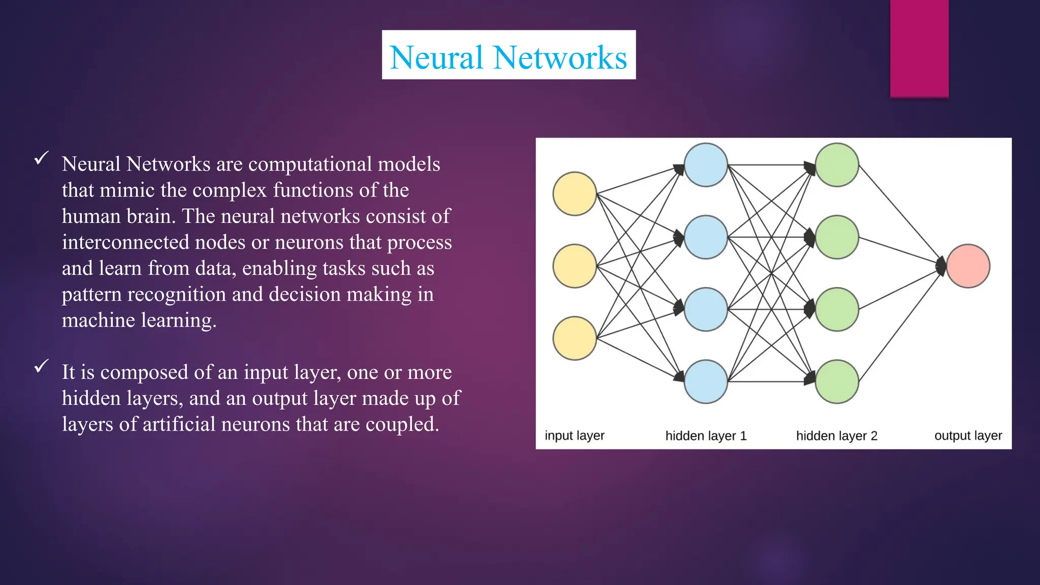 Neural Networks
 Neural Networks are computational models
that mimic the complex functions of the
human brain. The neural networks consist of
interconnected nodes or neurons that process
and learn from data, enabling tasks such as
pattern recognition and decision making in
machine learning.
 It is composed of an input layer, one or more
hidden layers, and an output layer made up of
layers of artificial neurons that are coupled.
 
