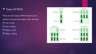  Types Of RNN
There are four types of RNNs based on the
number of inputs and outputs in the network.
 One to One
 One to Many
 Many to One
 Many to Many
 