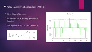  Partial-Autocorrelation function (PACF):-
 Gives Direct effect only.
 We estimate PACF by using Yule-walker’s
Equation.
 The equation of PACF for AR model is
 