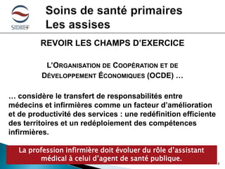 REVOIR LES CHAMPS D’EXERCICE
L’ORGANISATION DE COOPÉRATION ET DE
DÉVELOPPEMENT ÉCONOMIQUES (OCDE) …

… considère le transfert de responsabilités entre
médecins et infirmières comme un facteur d’amélioration
et de productivité des services : une redéfinition efficiente
des territoires et un redéploiement des compétences
infirmières.
La profession infirmière doit évoluer du rôle d’assistant
médical à celui d’agent de santé publique.

8

 