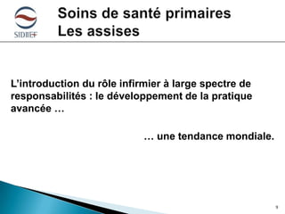 L’introduction du rôle infirmier à large spectre de
responsabilités : le développement de la pratique
avancée …
… une tendance mondiale.

9

 