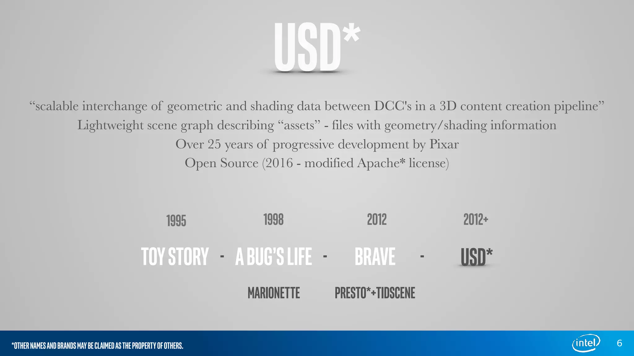 USD*
“scalable interchange of geometric and shading data between DCC's in a 3D content creation pipeline”
Lightweight scene graph describing “assets” - files with geometry/shading information
Over 25 years of progressive development by Pixar
Open Source (2016 - modified Apache* license)
6
MARIONETTE PRESTO*+TIDSCENE
- - - USD*
1995 1998 2012 2012+
TOYSTORY ABUG’SLIFE BRAVE
*OTHERNAMESANDBRANDSMAYBECLAIMEDASTHEPROPERTYOFOTHERS.
 