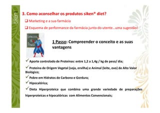 3. Como aconselhar os produtos siken® diet?
Marketing e a sua farmácia
Esquema de performance da farmácia junto do utente…uma sugestão!
1 Passo: Compreender o conceito e as suas
vantagens
Aporte controlado de Proteínas: entre 1,2 a 1,4g / kg de peso/ dia;
Proteína de Origem Vegetal (soja, ervilha) e Animal (leite, ovo) de Alto Valor
Biológico;
Pobre em Hidratos de Carbono e Gordura;
Hipocalórica;
Dieta Hiperproteica que combina uma grande variedade de preparações
hiperproteícas e hipocalóricas com Alimentos Convencionais;
 