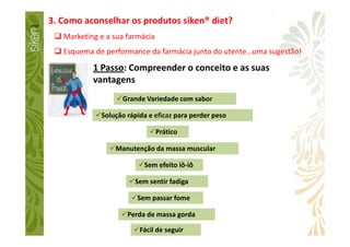 Solução rápida e eficaz para perder peso
Grande Variedade com sabor
3. Como aconselhar os produtos siken® diet?
Marketing e a sua farmácia
Esquema de performance da farmácia junto do utente…uma sugestão!
1 Passo: Compreender o conceito e as suas
vantagens
Manutenção da massa muscular
Sem efeito iô-iô
Sem sentir fadiga
Sem passar fome
Perda de massa gorda
Prático
Fácil de seguir
 