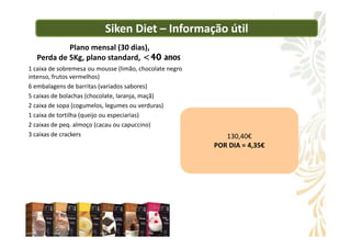 Plano mensal (30 dias),
Perda de 5Kg, plano standard, <40 anos
1 caixa de sobremesa ou mousse (limão, chocolate negro
intenso, frutos vermelhos)
6 embalagens de barritas (variados sabores)
5 caixas de bolachas (chocolate, laranja, maçã)
2 caixa de sopa (cogumelos, legumes ou verduras)
1 caixa de tortilha (queijo ou especiarias)
2 caixas de peq. almoço (cacau ou capuccino)
Siken Diet – Informação útil
2 caixas de peq. almoço (cacau ou capuccino)
3 caixas de crackers 130,40€
POR DIA = 4,35€
 