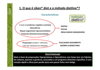 RÁPIDA
EFICAZ
RESULTADOS DURADOUROS
À base de proteínas (vegetais e animais)
Hipocalórica.
Requer seguimento rigoroso/metódico
Protocolo alimentar personalizado.
1. O que é siken® diet e o método dietline®?
Características
FACILIDADE SEGUIMENTO
QUEBRA A MONOTONIA
Preparados variados + alimentos.
(não são substitutos de refeições)
Dieta Proteinada
Dieta à base de preparações hiperproteicas e hipocalóricas com baixo teor em hidratos
de carbono, açúcares e gorduras, associadas a um programa alimentar específico. É uma
solução rápida e eficaz para perder peso sem passar fome nem fadiga.
 