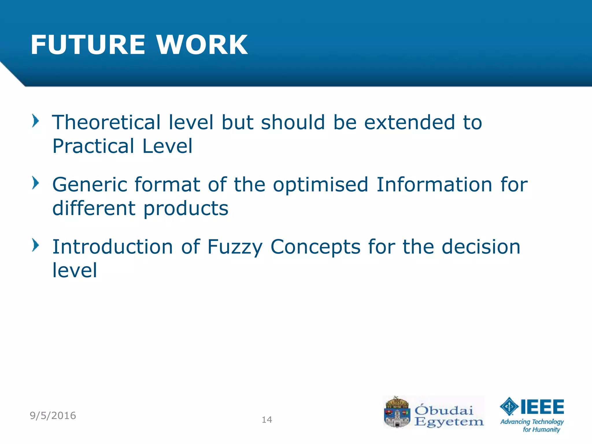 9/5/2016 14
FUTURE WORK
Theoretical level but should be extended to
Practical Level
Generic format of the optimised Information for
different products
Introduction of Fuzzy Concepts for the decision
level
 