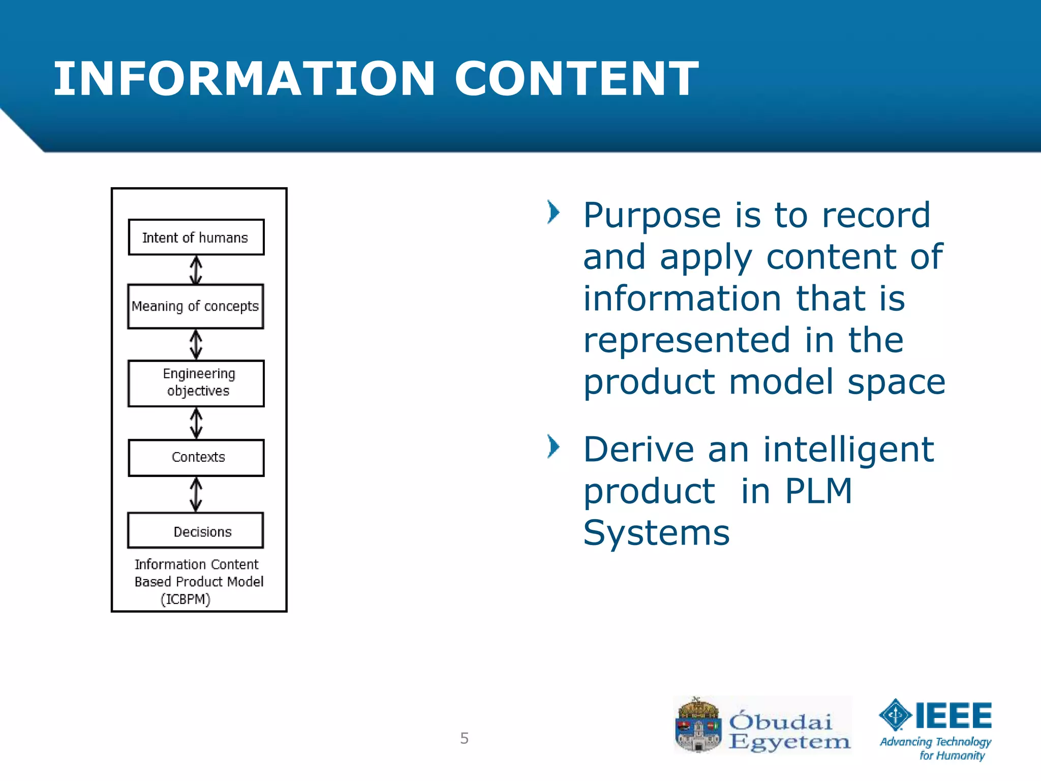 Purpose is to record
and apply content of
information that is
represented in the
product model space
Derive an intelligent
product in PLM
Systems
INFORMATION CONTENT
5
 
