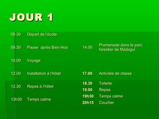 JOUR 1
08.30

Départ de l’école

09.30

Pause après Bien Hoa

10.00

Voyage

12.00

Installation à l’hôtel

12.30

Repas à l’hôtel

13h30

Temps calme

14.00

Promenade dans le parc
forestier de Madagui

17.00

Activités de classe

18.30

Toilette

19.00

Repas

19h30

Temps calme

20h15

Coucher

 