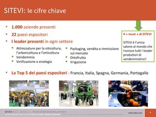 4
SITEVI: le cifre chiave
• 1.000 aziende presenti
• 22 paesi espositori
• I leader presenti in ogni settore
• La Top 5 dei paesi espositori : Francia, Italia, Spagna, Germania, Portogallo
Il « must » di SITEVI
SITEVI è l’unico
salone al mondo che
riunisce tutti i leader
produttori di
vendemmiatrici!
 Packaging, vendita e immissione
sul mercato
 Ortofrutta
 Irrigazione
 Attrezzature per la viticoltura,
l’arboricoltura e l’orticoltura
 Vendemmia
 Vinificazione e enologia
 