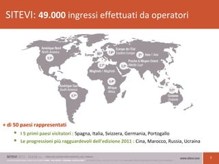 5
SITEVI: 49.000 ingressi effettuati da operatori
+ di 50 paesi rappresentati
 I 5 primi paesi visitatori : Spagna, Italia, Svizzera, Germania, Portogallo
 Le progressioni più ragguardevoli dell’edizione 2011 : Cina, Marocco, Russia, Ucraina
 