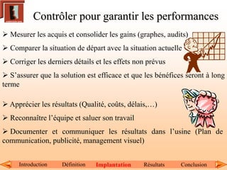 Introduction Résultats Conclusion
Contrôler pour garantir les performances
Définition Implantation
 Mesurer les acquis et consolider les gains (graphes, audits)
 Comparer la situation de départ avec la situation actuelle
 Corriger les derniers détails et les effets non prévus
 S’assurer que la solution est efficace et que les bénéfices seront à long
terme
 Apprécier les résultats (Qualité, coûts, délais,…)
 Reconnaître l’équipe et saluer son travail
 Documenter et communiquer les résultats dans l’usine (Plan de
communication, publicité, management visuel)
 