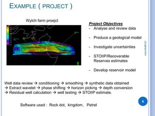 EXAMPLE ( PROJECT )
           Wytch farm proejct
                                              Project Objectives
                                              - Analyse and review data

                                              - Produce a geological model




                                                                                 Junghee Kim
                                              - Investigate uncertainties

                                              - STOIIP/Recoverable
                                                Reserves estimates

                                              - Develop reservoir model


Well data review  conditioning  smoothing  synthetic data obtained
 Extract wavelet  phase shifting  horizon picking  depth conversion
 Residual well calculation  well testing  STOIIP estimate.

                                                                             6
        Software used : Rock dot, kingdom, Petrel
 