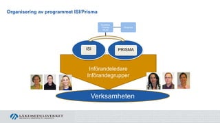 Verksamheten
Införandeledare
Införandegrupper
Beställare
Thomas
Ekvall
Styrgrupp
ISI PRISMA
Organisering av programmet ISI/Prisma
 