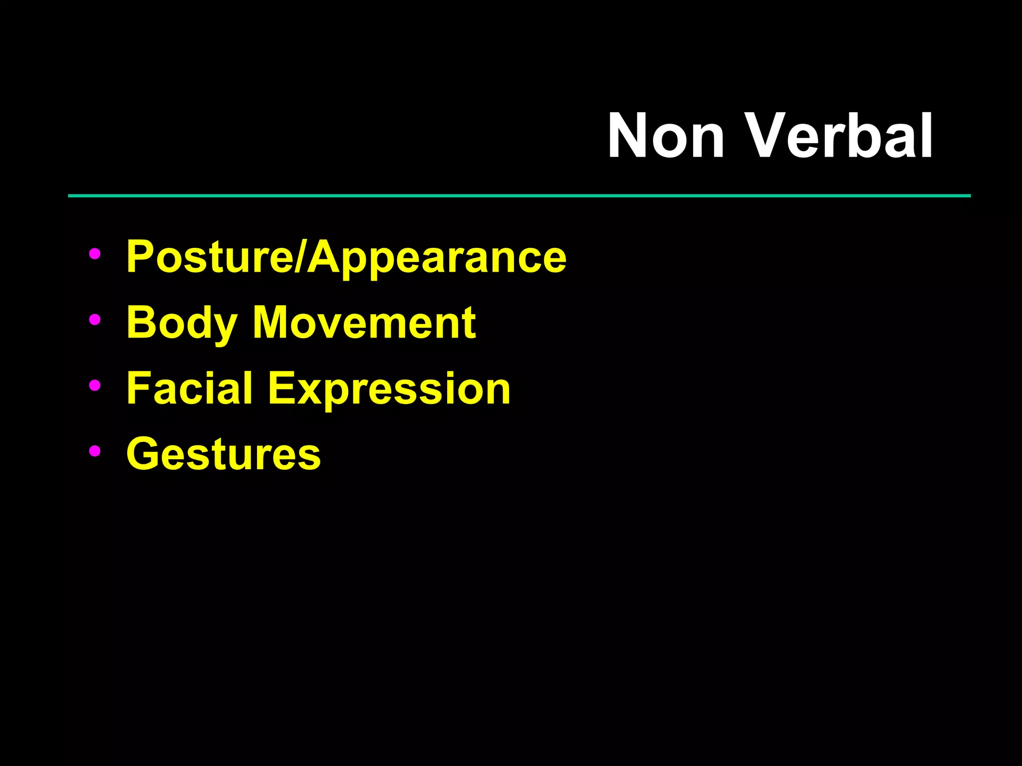 Non Verbal Posture/Appearance Body Movement Facial Expression Gestures 