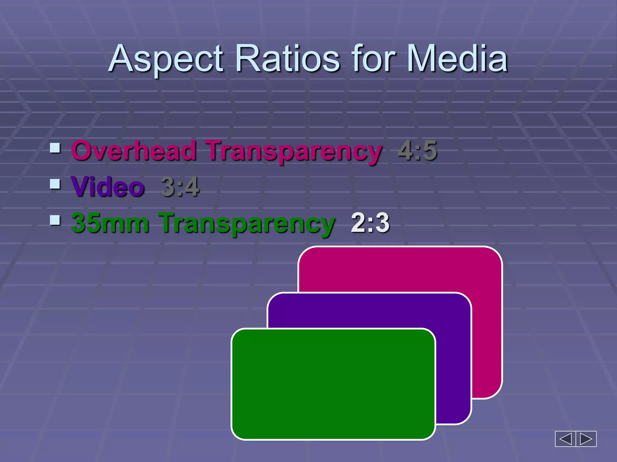 Aspect Ratios for Media
 Overhead Transparency 4:5
 Video 3:4
 35mm Transparency 2:3
 