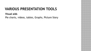 VARIOUS PRESENTATION TOOLS
Visual aids
Pie charts, videos, tables, Graphs, Picture Story
 