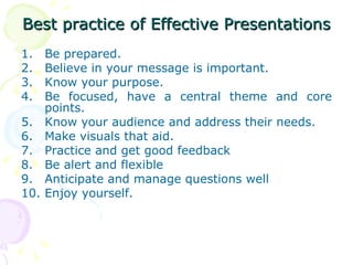 Best practice of Effective Presentations   Be prepared. Believe in your message is important. Know your purpose. Be focused, have a central theme and core points. Know your audience and address their needs. Make visuals that aid. Practice and get good feedback Be alert and flexible  Anticipate and manage questions well  Enjoy yourself.  