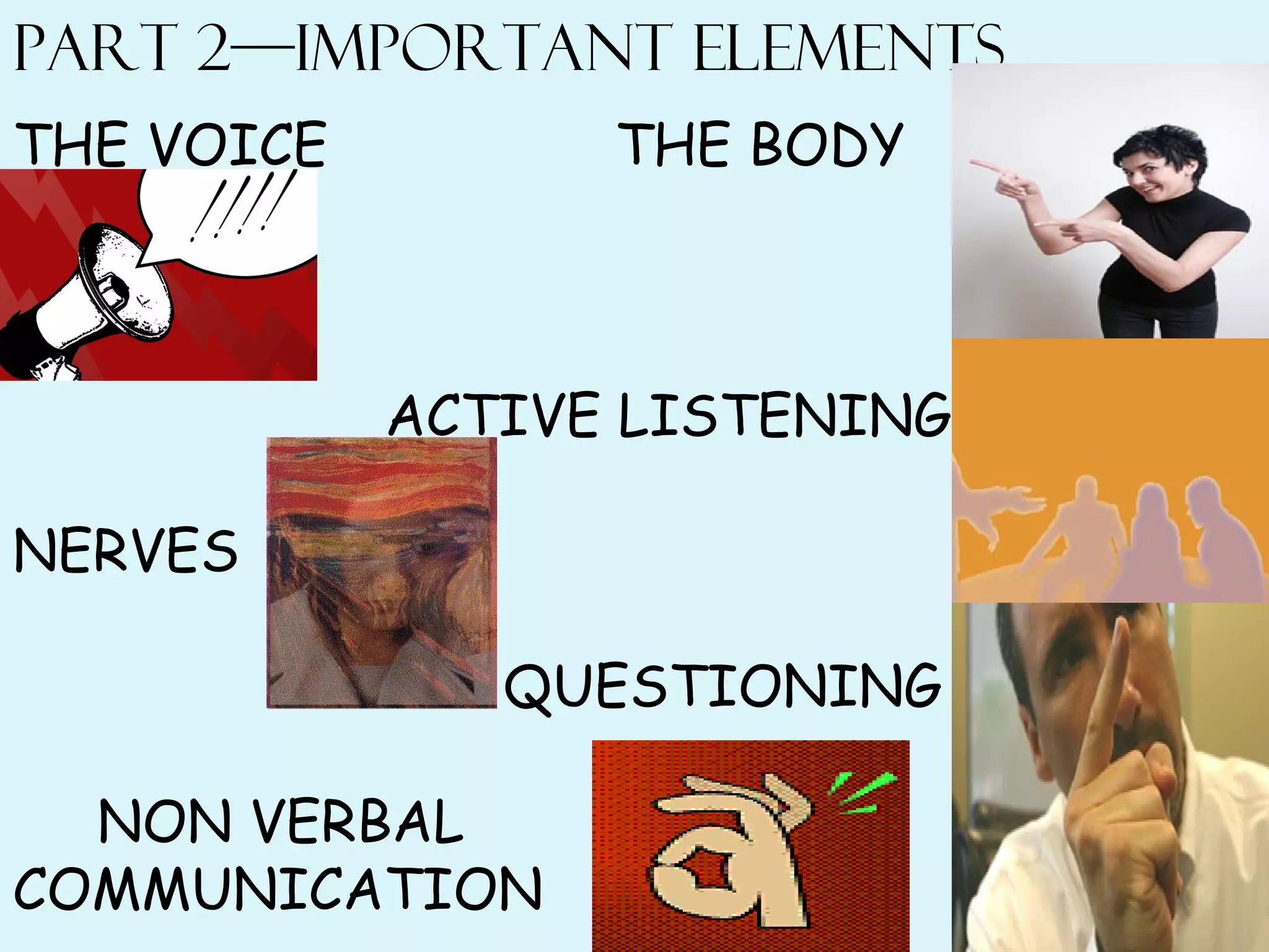 PART 2—IMPORTANT ELEMENTS
THE VOICE THE BODY
ACTIVE LISTENING
NERVES
QUESTIONING
NON VERBAL
COMMUNICATION
 