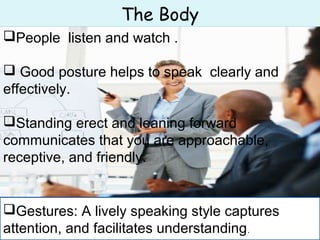 The Body
People listen and watch .
 Good posture helps to speak clearly and
effectively.
Standing erect and leaning for...