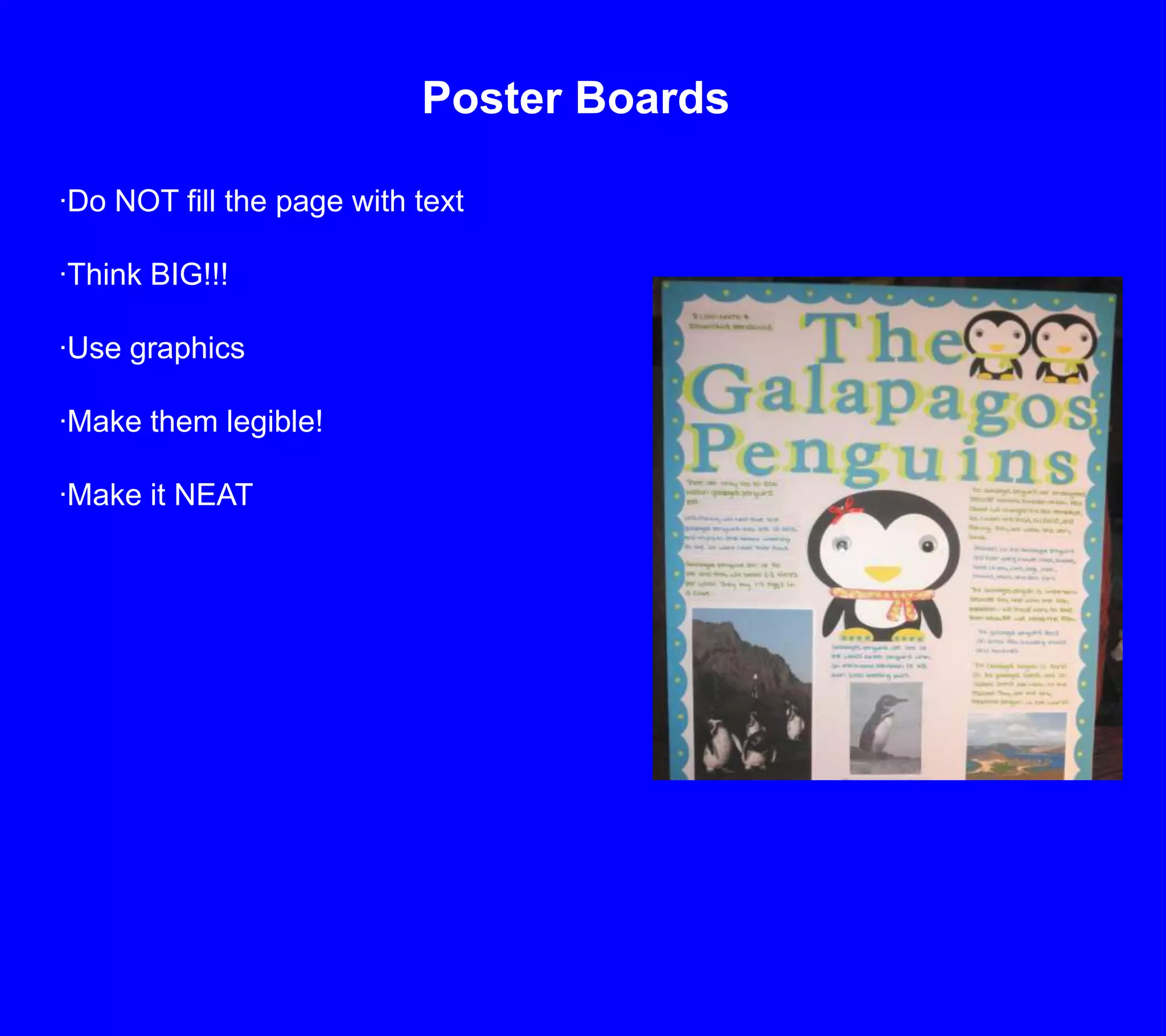 Poster Boards·Do NOT fill the page with text·Think BIG!!!·Use graphics·Make them legible!·Make it NEAT
