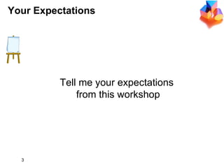 Your Expectations Tell me your expectations  from this workshop 