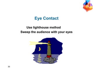 Eye Contact Use lighthouse method Sweep the audience with your eyes 