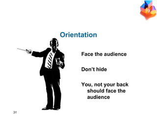Orientation Face the audience Don’t hide You, not your back should face the audience 