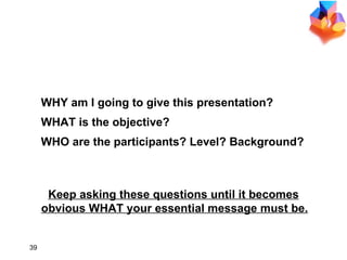 THE 3 Ws WHY am I going to give this presentation? WHAT is the objective? WHO are the participants? Level? Background? Keep asking these questions until it becomes obvious WHAT your essential message must be. 