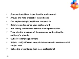 VISUALS IN YOUR PRESENTATION Communicate ideas faster than the spoken word Arouse and hold interest of the audience Can explain complicated ideas more easily Reinforce and enhance your spoken word Add variety to otherwise serious or dull presentation They take the pressure off the presenter by diverting the audience’s  attention Cut across language barriers Help to clarify different viewpoints / opinions in a controversial subject area Makes the presentation look more professional 