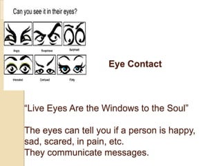 Eye Contact



“Live Eyes Are the Windows to the Soul”

The eyes can tell you if a person is happy,
sad, scared, in pain, etc.
They communicate messages.
 