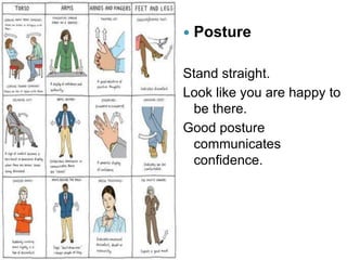    Posture

Stand straight.
Look like you are happy to
 be there.
Good posture
 communicates
 confidence.
 