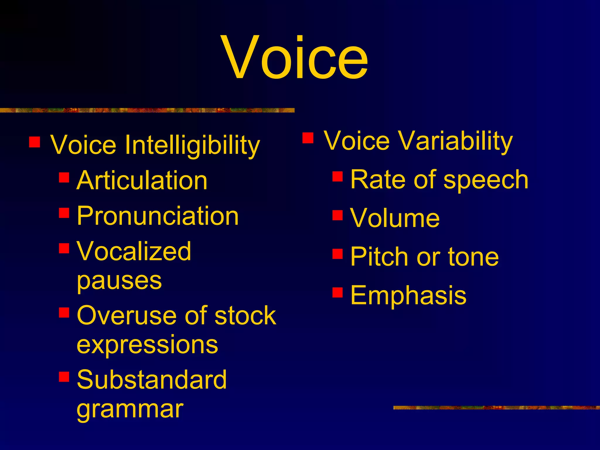 Voice
   Voice Intelligibility      Voice Variability
     Articulation               Rate of speech

     Pronunciation              Volume
     Vocalized                  Pitch or tone
      pauses                     Emphasis
     Overuse of stock
      expressions
     Substandard
      grammar
 