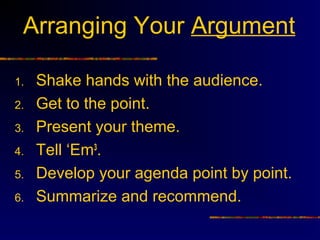 Arranging Your Argument

1.   Shake hands with the audience.
2.   Get to the point.
3.   Present your theme.
4.   Tell ‘Em3.
5.   Develop your agenda point by point.
6.   Summarize and recommend.
 